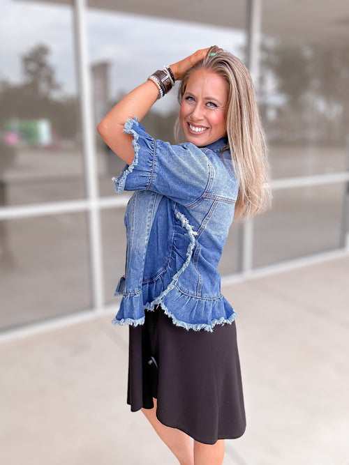 Raw Edge Ruffled Short Sleeve Denim Jacket